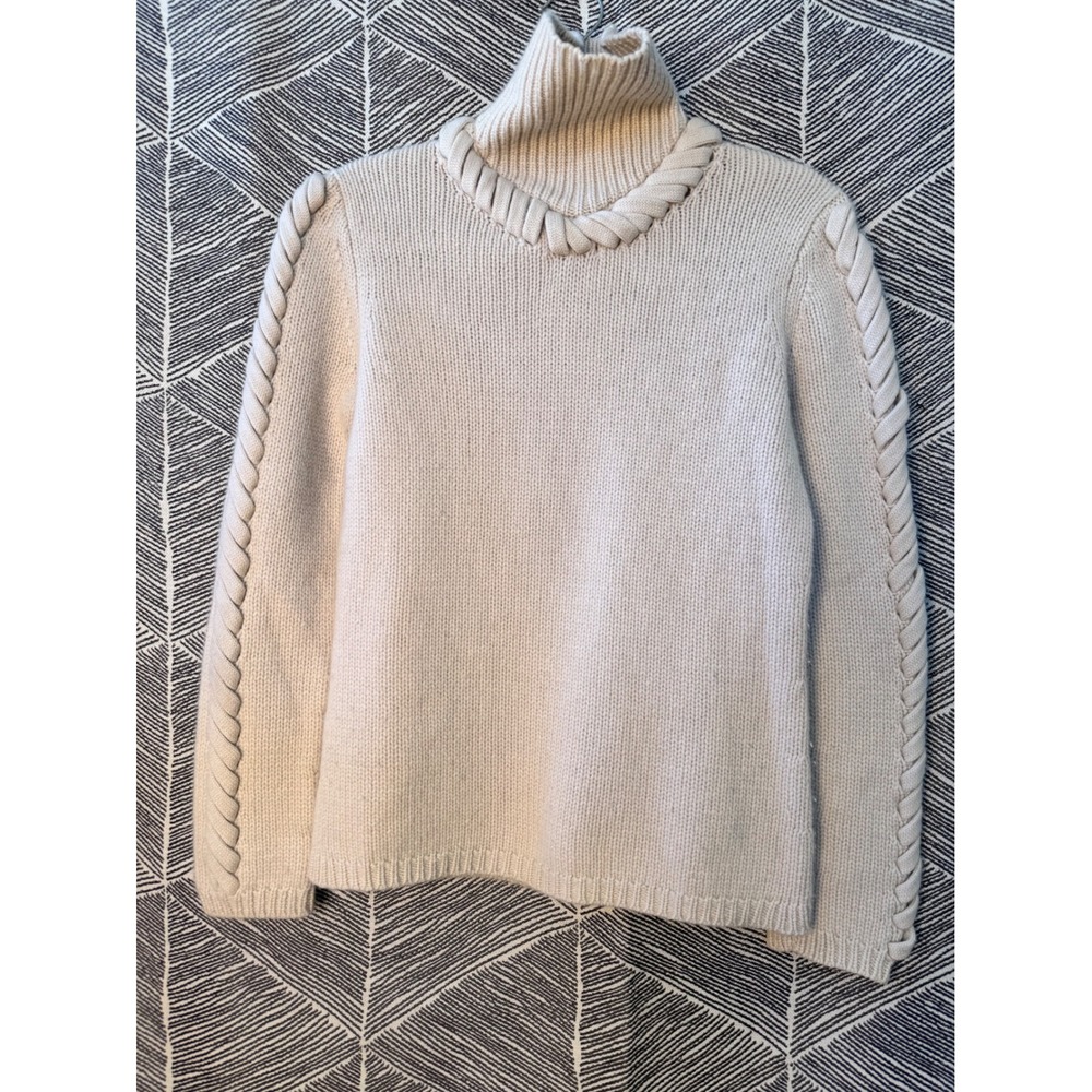 TSE 100% Cashmere Braided Trim Turtleneck Sweater Cream Beige Womens‎ S
